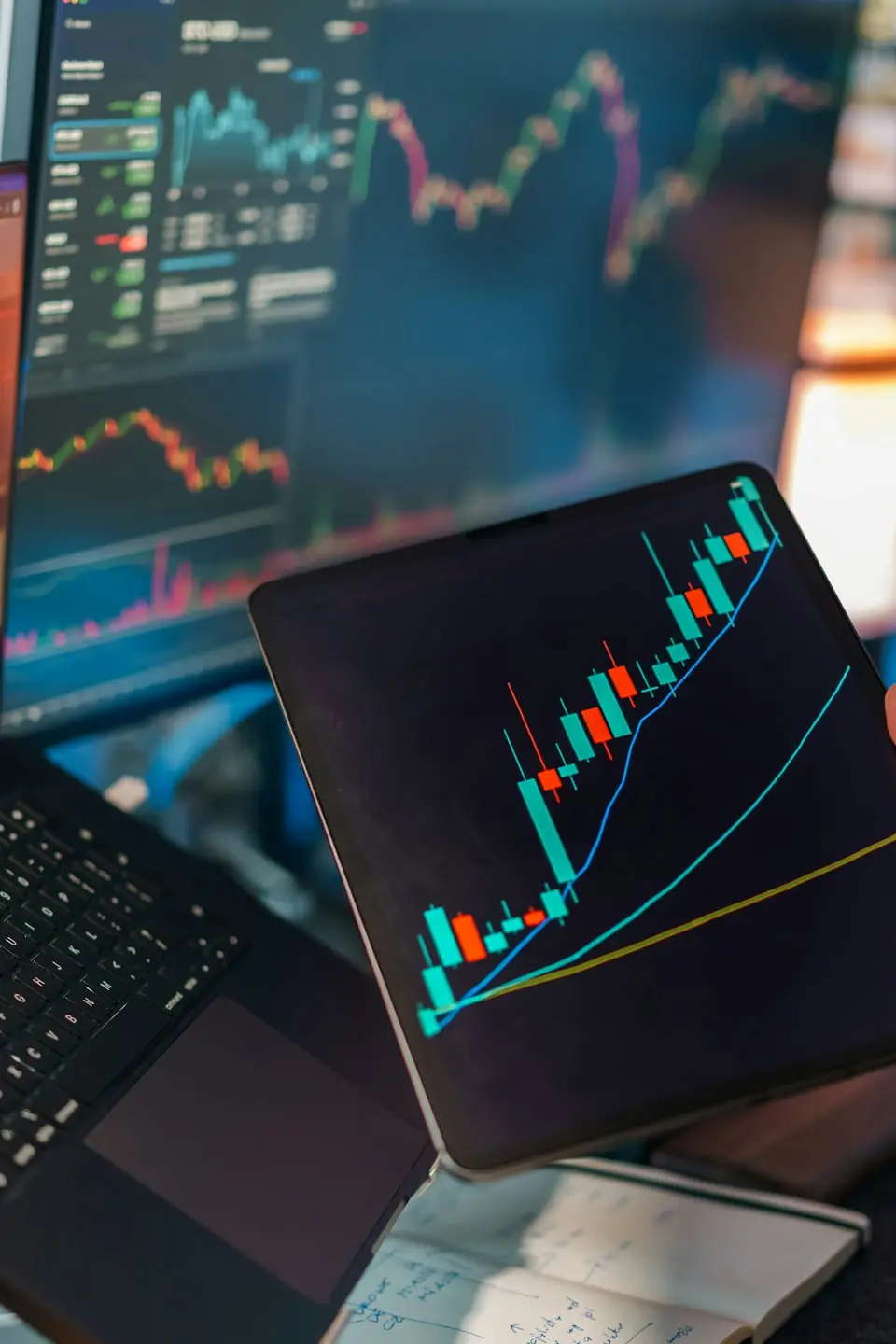 Laptop und Bildschirme mit Kursdiagrammen, Symbolbild für die Strombeschaffung an der Börse